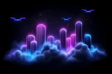 Glowing cityscape over clouds with drones in starry space for tech, gaming, or digital art