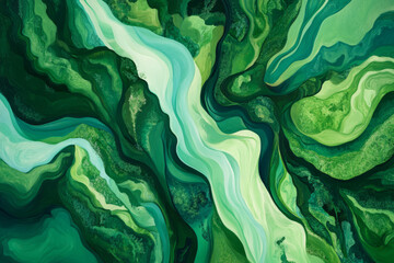 Aerial abstract representation of rivers winding through lush green forests, with smooth, organic shapes in tones of turquoise and green.