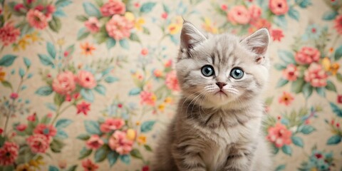 Adorable British Shorthair Kitten Posing on Retro Wallpaper Background - Aerial View