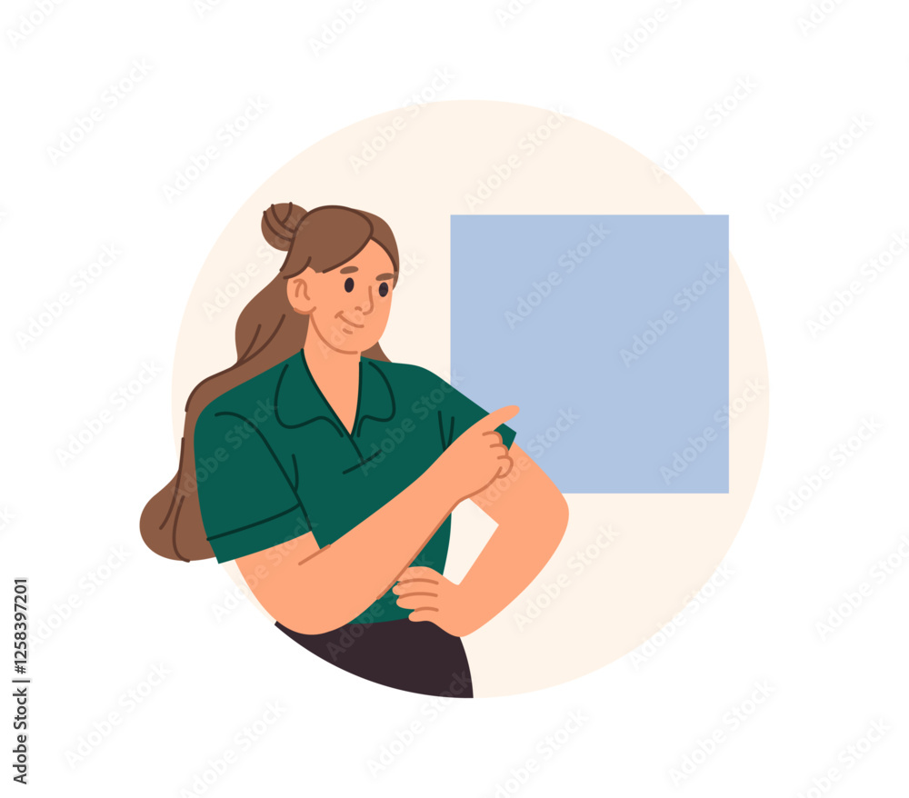 Poster smiling female character pointing finger at blank presentation or information board. vector woman wi