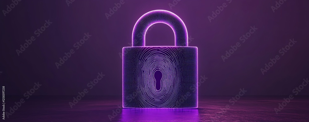 Poster a violet padlock and shield with a fingerprint, symbolizing cyber security, data protection, and pas