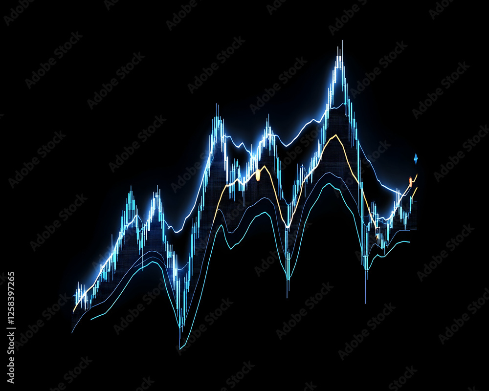 Poster glowing stock chart data showing progress on a black backdrop for an industry investment report
