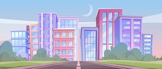 Obraz premium Morning city view, landscape of town with exterior and facades of buildings and skyscrapers. Vector urban scene with asphalted road or street, bushes and lawn. Architecture of metropolis area