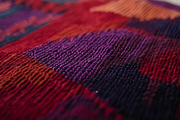 Macro shot of handwoven Turkish kilim, intricate geometric patterns in deep reds and purples.