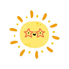 Cute summer character with smile, isolated sun with rays wearing star shaped glasses. Vector with positive facial expression, sunbeam and sunrays icon, cheerful comic personage
