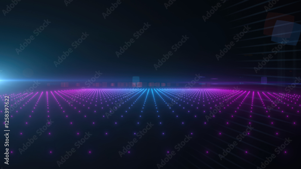 Poster a neon purple and blue glowing digital grid with futuristic elements representing virtual reality an