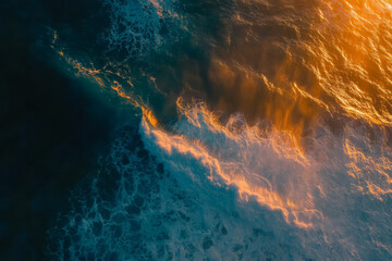 Fototapeta premium Aerial abstract view of a sunset over the ocean, with golden-orange and turquoise waves creating fluid lines of light and texture.