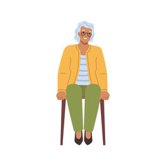 Senior woman sitting on comfortable chair and smiling. Vector flat cartoon character, isolated old lady waiting in line. Talking or having conversation, looking aside. Female personage in armchair
