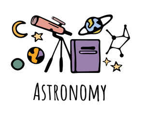Astronomy subject in school, discipline in university or college. Vector flat cartoon icons for students curriculum. Knowledge about planets and space, galaxy and celestial bodies discovery