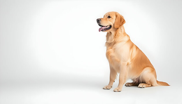 Golden retriever sits patiently in a studio, ideal for pet product ads or veterinary concepts