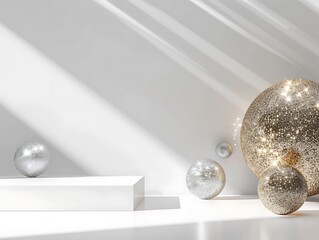 Modern white scene with shimmering golden and silver spheres to the right, a minimalist white podium below, ideal for presenting luxury items in an elegant manner.