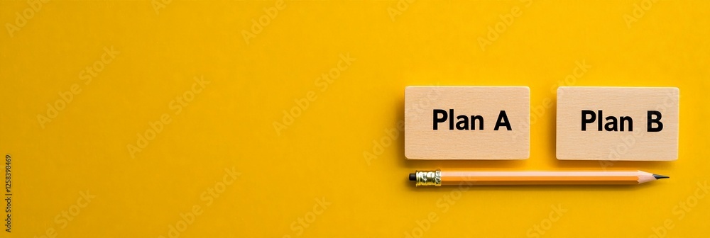 Aufkleber Two wooden blocks with plan a and plan b written on them are placed on a yellow surface, with a pencil lying horizontally beneath, symbolizing the process of making a choice between two options