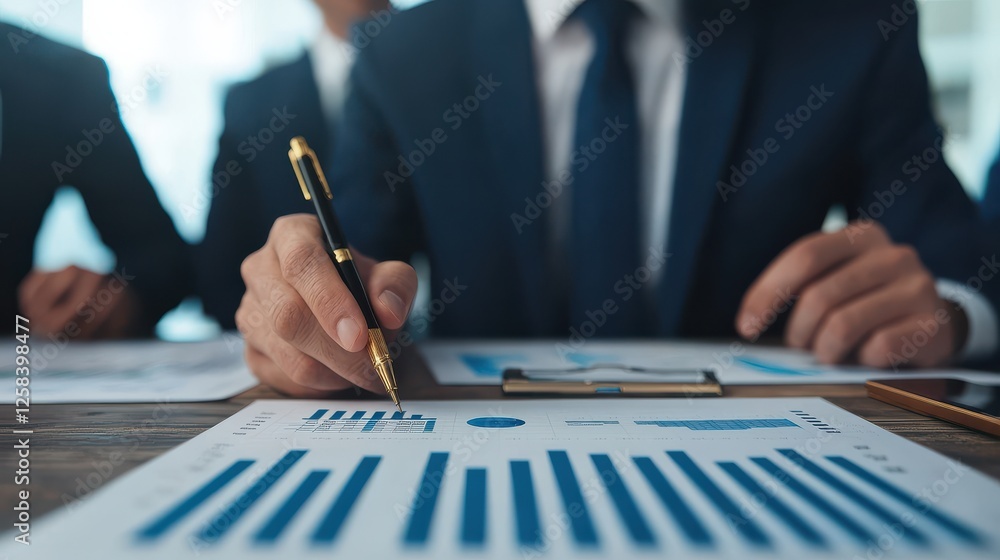 Poster a businessman analyzes financial charts while taking notes, demonstrating a focus on data-driven dec