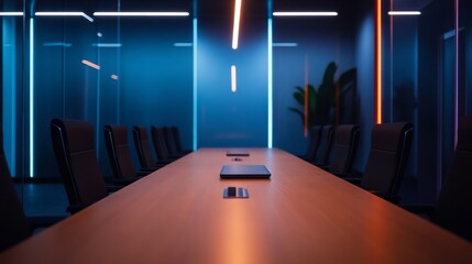 Modern conference room with sleek design, illuminated by colorful light, ready for a meeting