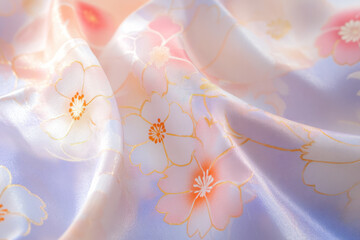 Macro shot of Japanese kimono silk, delicate floral patterns in pastel pinks and blues.