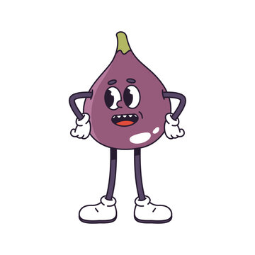 Groovy and funny retro fruit character with talking facial expression. Vector isolated ripe fig standing holding arms on sides, confused or puzzled pose and expressive face of comic mascot