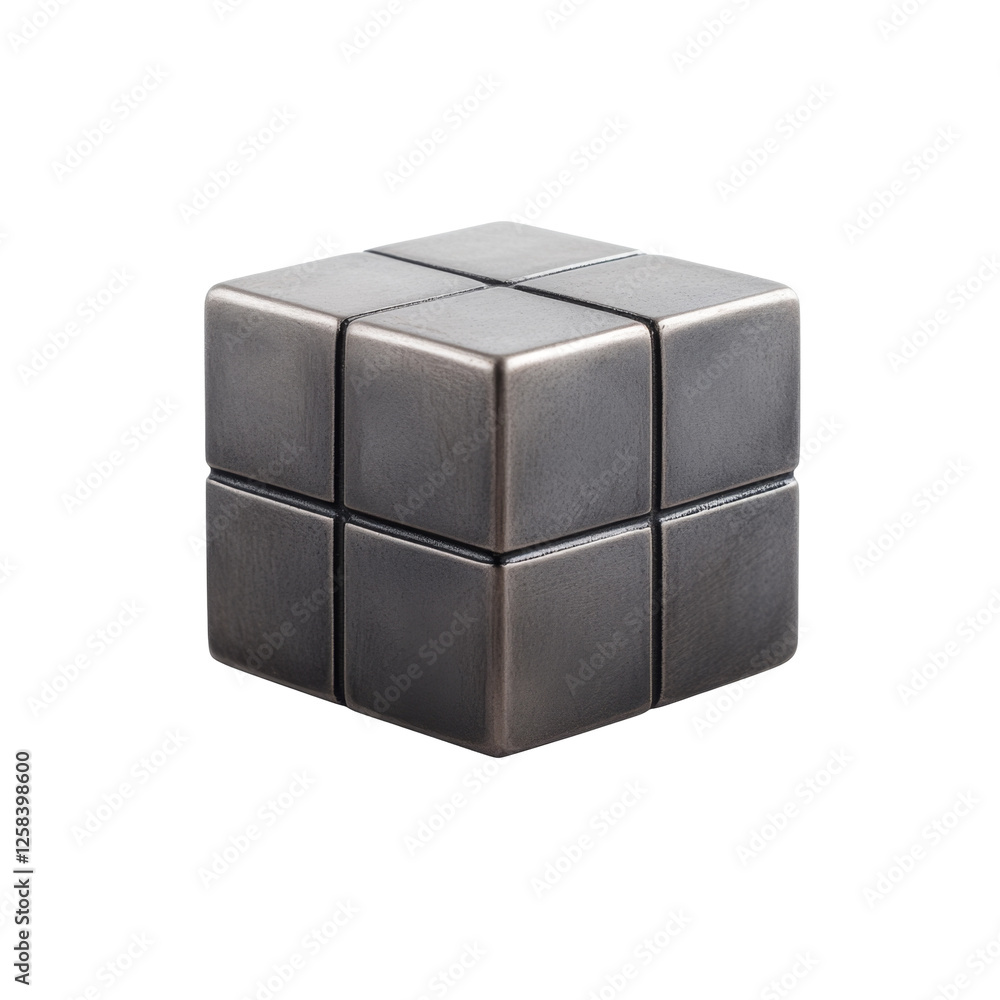 Poster metallic puzzle cube with smooth edges and glossy surface enhanced by shiny reflections