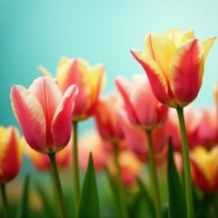 Naklejka premium Vibrant tulips swaying in gentle spring breeze, spring flowers, flowers