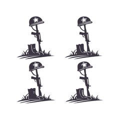 Fallen soldier memorial silhouettes Set. American Independence or Memorial day Vector Clipart Illustration background.