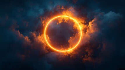 Bright orange neon ring surrounding an abstract cloud, casting a warm glow on a sky generative ai