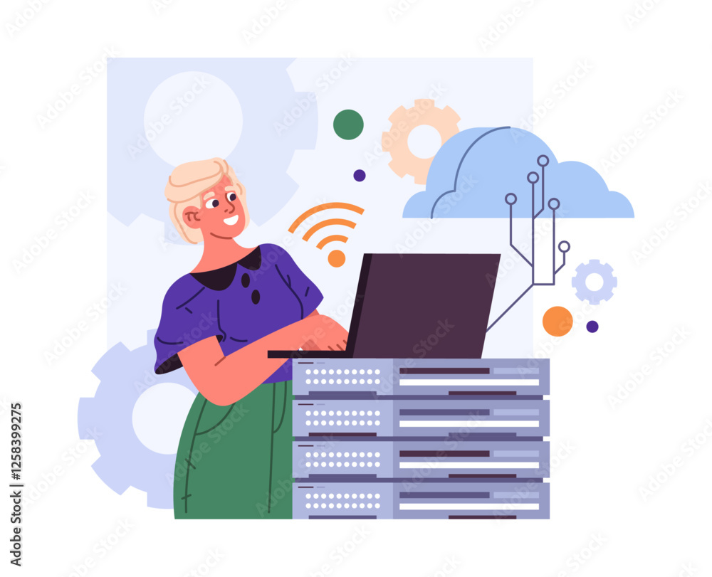 Poster Engineer working with cloud computing service and remote server data. Vector woman with laptop and database storing information, documents and files of company, setting backup scheduling