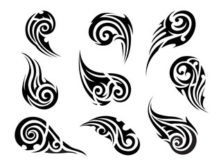 Fototapeta premium Maori tattoo, black tribal ornaments featuring swirling patterns and flame like elements, evoke strength, energy and fluid motion. Isolated vector set of decals, traditional swirled tribal motifs