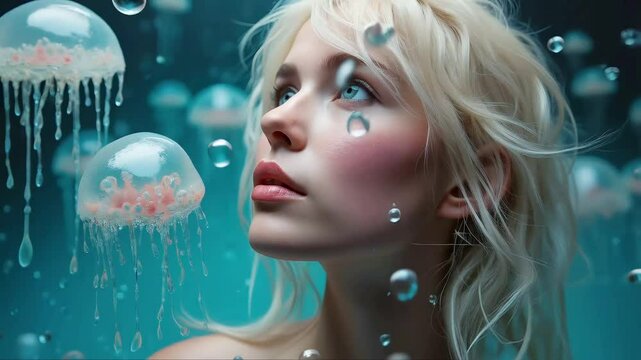 Portrait of a woman surrounded by flying jellyfishes