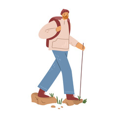 Man with stick in his hand and backpack for travel hiking. Vector male character with rucksack walking in natural environments. Hiker on trails. Outdoor activity for health and mental well being