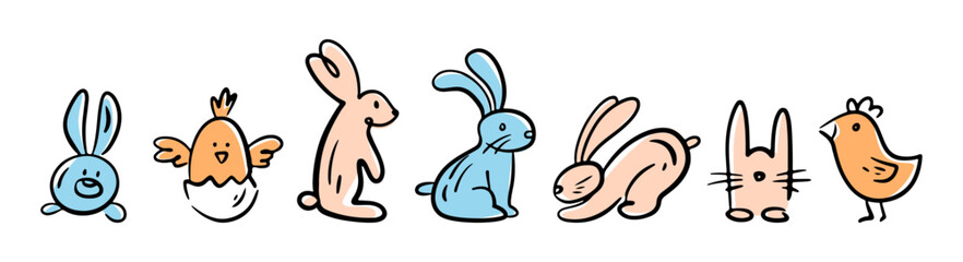 Cute Easter bunny and chick in egg shell. Vector isolated doodle personages for spring holiday greeting cards or stickers. Bird and chicken, hare and leaping rabbit. Decoration for festivity