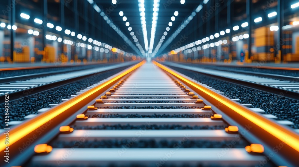 Poster a close-up shot of railway tracks illuminated by bright lights, creating a symmetrical perspective l