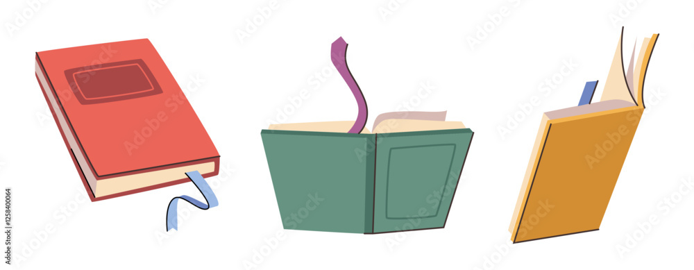 Poster closed and open books with bookmarks. vector isolated literature novels or publications with strips 