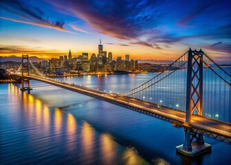 Fototapeta premium San Francisco Bay Bridge Night Aerial View, Cityscape Skyline, Golden Gate Bridge