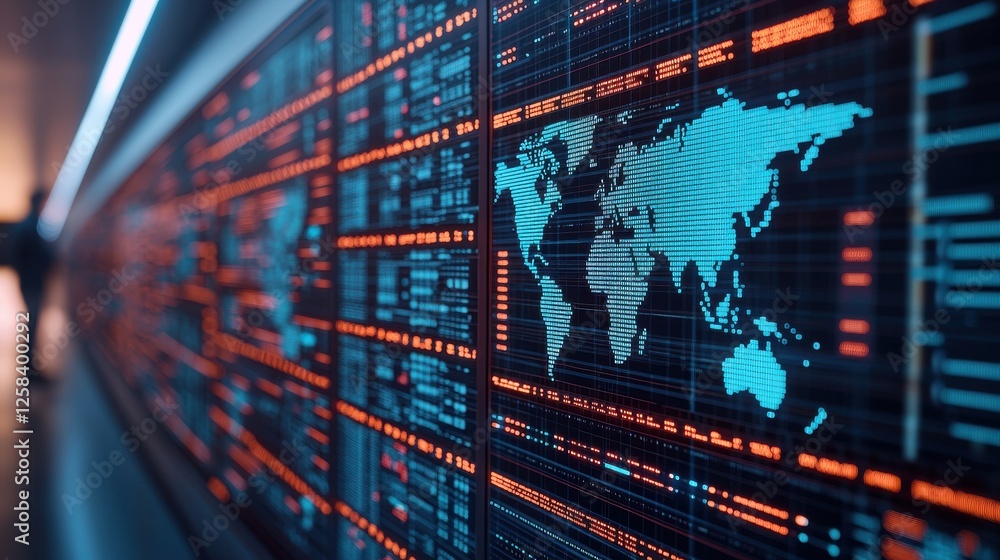 Poster a digital world map displayed on a glowing screen, showcasing data in vibrant colors against a dark 
