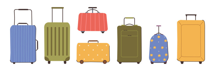 Bags and suitcases with plastic protective plank and zippers, handles and wheels. Vector isolated set of baggage with personal belonging for travelers and passengers. Trips and voyage journey