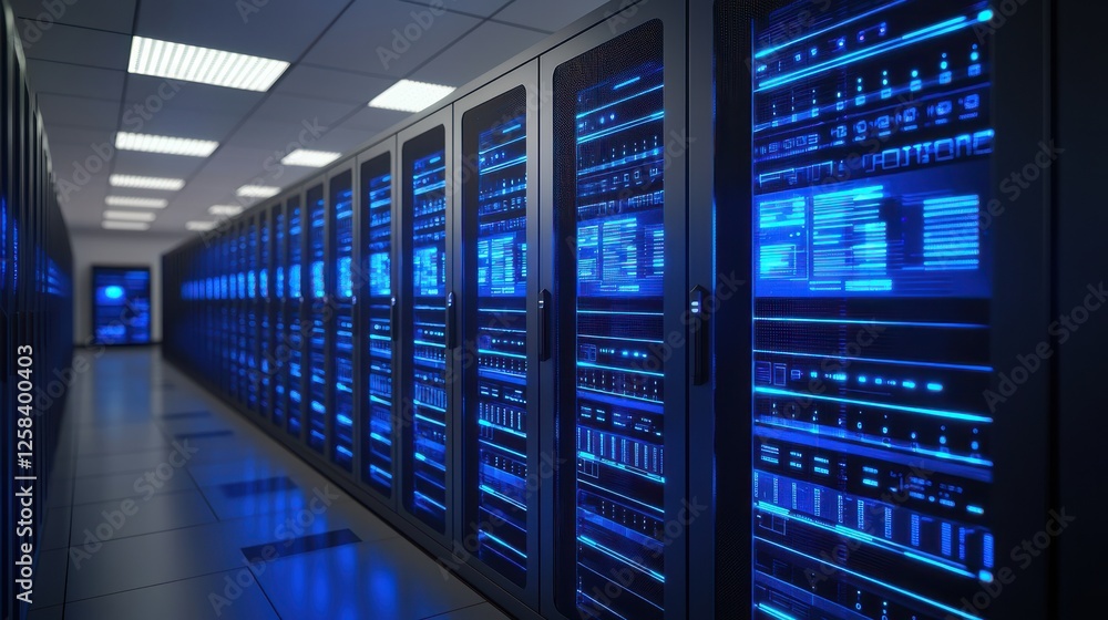 Poster a row of high-tech server racks illuminated in blue light, showcasing a modern data center environme