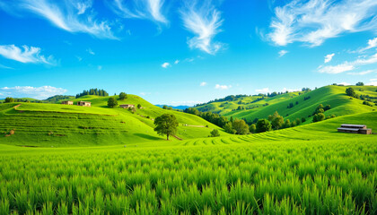 Obraz premium Vibrant green rice fields under a blue sky, picturesque landscape, rural tranquility