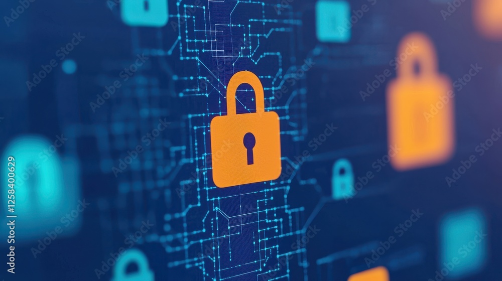 Poster a digital representation of security, featuring padlocks amidst a network of circuits, symbolizing o