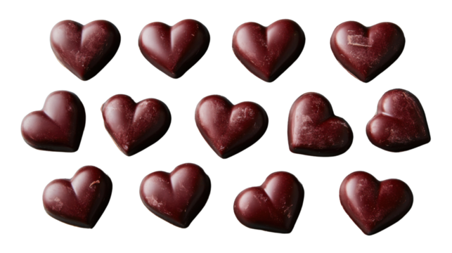 Fifteen heart-shaped chocolates on transparent background representing love and affection