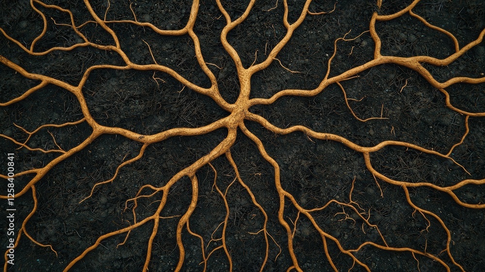Poster intricate network of tree roots spreading across dark soil surface