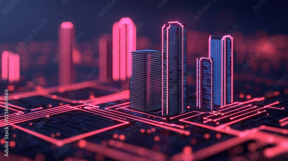 Poster a futuristic cityscape with neon lights and digital grid patterns, showcasing modern architecture an
