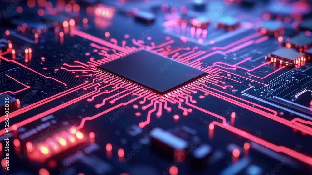 Poster a close-up view of a microchip surrounded by intricate circuitry, illuminated by vibrant red lines, 