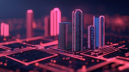 A futuristic cityscape with neon lights and digital grid patterns, showcasing modern architecture and technological themes.