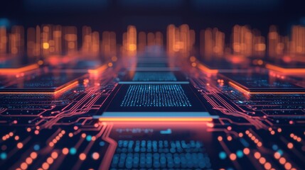A vibrant, futuristic close-up of a circuit board with glowing elements, showcasing technology and innovation in digital concept.