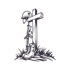 Fallen soldier memorial silhouette. American Independence or Memorial day Vector Clipart Illustration background.