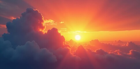 Blazing sunset over calm summer sky, clouds aglow, colors, nature