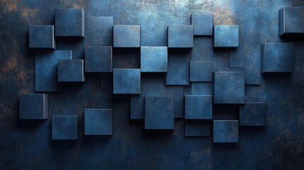 Contemporary minimalist composition with scattered squares on Blue background. Featuring white space in the center for text, ideal for design templates and modern banners.