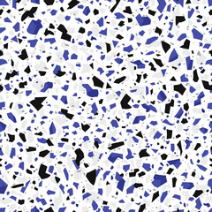 Terazzo marble stone floor, terrazo ceramic tile pattern, terazo mosaic texture background. Vector seamless repeated ornament, features blend of blue, black and grey marble, granite and glass chips