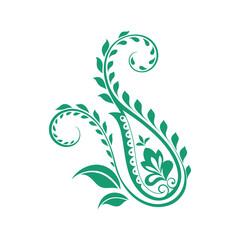 Paisley-Inspired Floral Ornament with Intricate Swirling Leaves and Petals