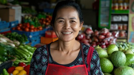Asian female vendor smiling at fruit and vegetable market stall