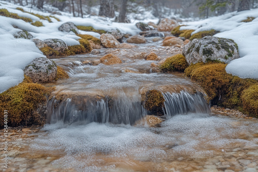 Poster spring stream flows over stones, surrounded by melting snow in a tranquil forest setting